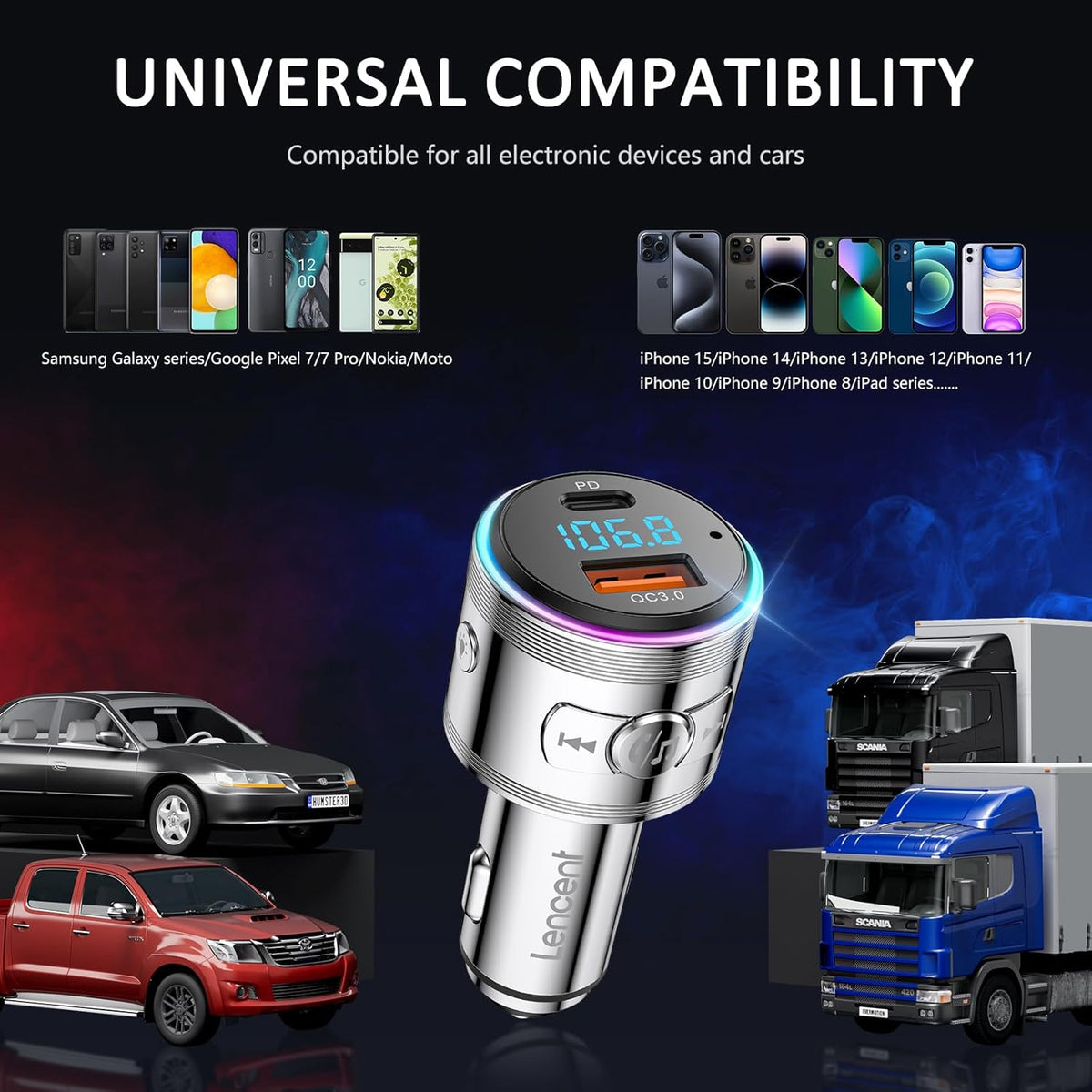 Bluetooth Transmitter for Car, LENCENT Full Metal Bluetooth 5.3 Car Adapter Dual USB Fast Charging 48W(PD 30W & QC3.0 18W), Wireless FM Radio Transmitter with Hi-Fi Music, Hands-Free Calling