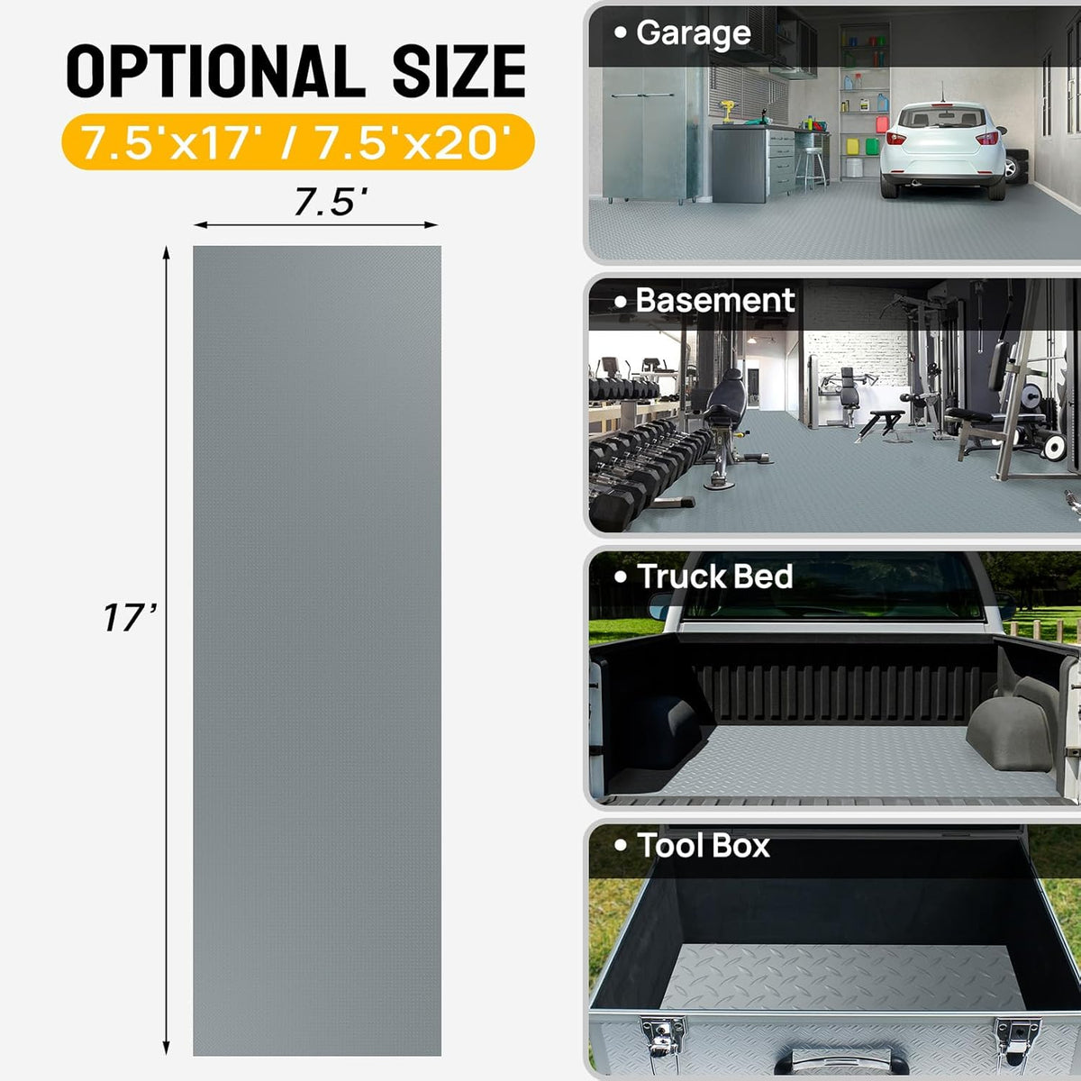 TUFFIOM 7.5 x 17 FT Garage Floor Mat, Thickened Diamond Plate PVC Garage Mats Flooring Roll for Under Car, Garage Car Parking Mats for Compact SUVs, Sports Car