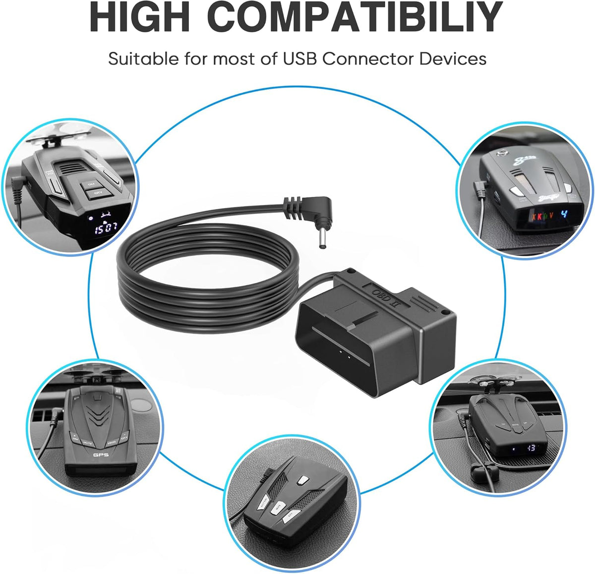 OBD Power Cable for Radar Detector,OBD to DC3.5 Radar Detector Cord,OBDII Charger Cable, Compatible with Cobr 380 480i Unide DFR1 Radenso Whistler 78se Cr97 etc Detector