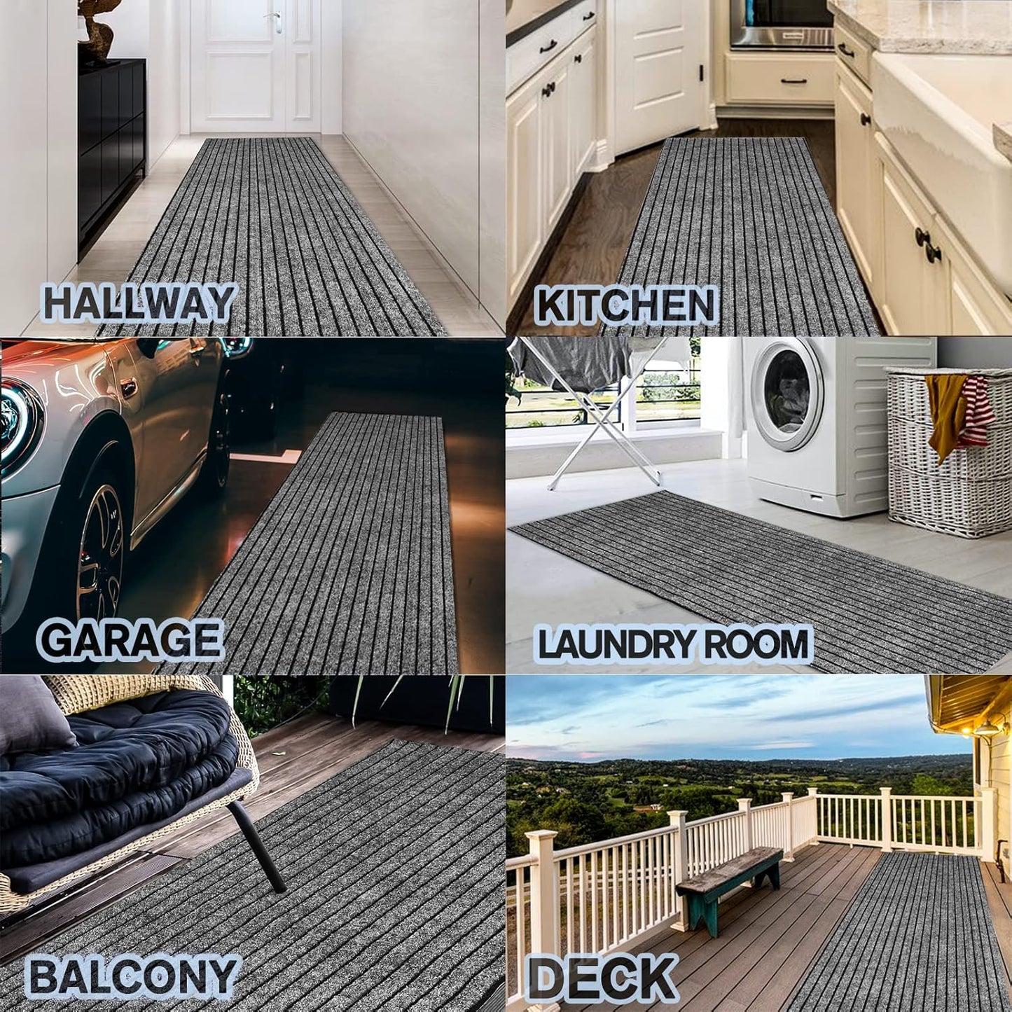 Custom Size Backed Non-Slip Area Rugs Runner, Easy Clean, Waterproof Runner Rugs for Hallway Entryway, Kitchen, Laundry, 2FT x 57FT, Gray Stripe
