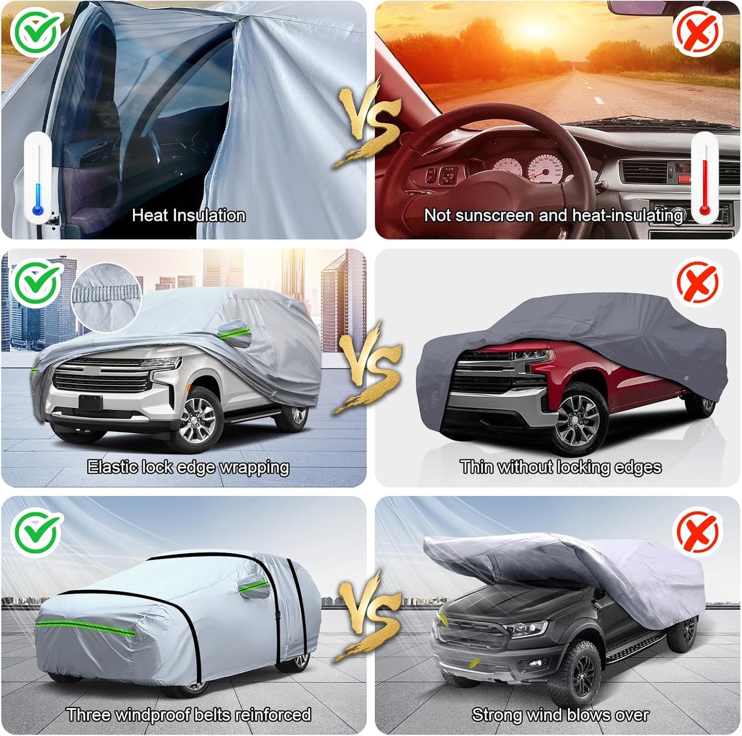 TUCAREST 6-Layers Heavy Outdoor Pickup Full Car Cover Hard Shell Zipper Design Waterproof All Weather Weatherproof UV Sun Protection Snow Dust Storm Resistant with Straps (Fit for UP to 230"-260")