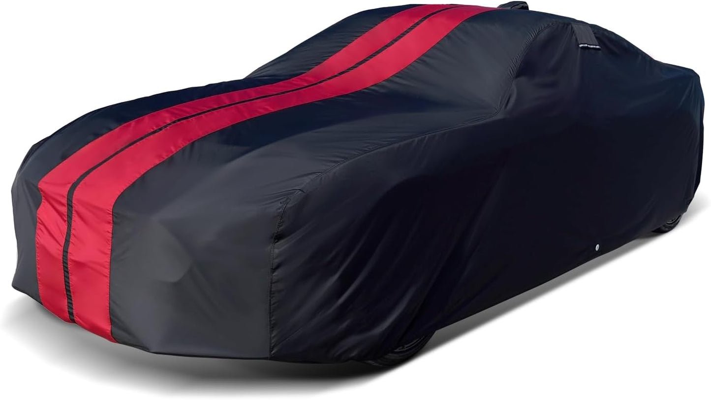 iCarCover Custom Car Cover for Pontiac Executive (1967-1970) Waterproof All-Weather Rain Snow UV Sun Protector Full Exterior Indoor Outdoor Car Cover (Stripe - Black/Red)