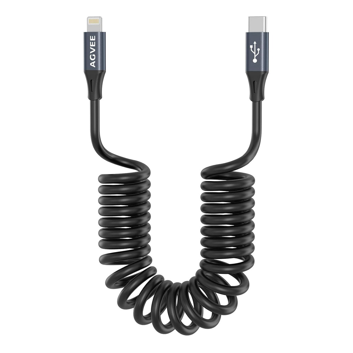 AGVEE 3ft Coiled Short USB-C to Lightning Charging Cable [MFI Certified] 30W PD Fast Charger Cord in Car for iPhone 14/13/12/11/XS/8/7/6/5 CarPlay, iPad, iPod, Dark Gray