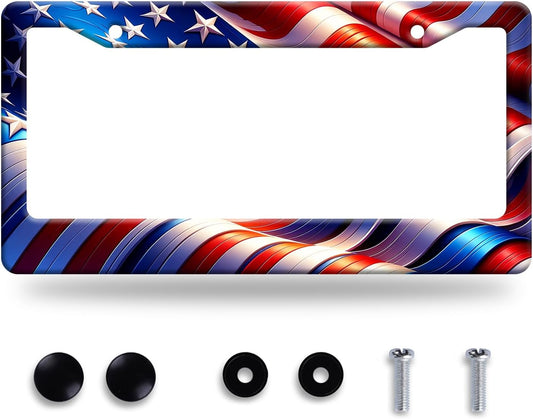 Watercolor American Flag License Plate Frame USA Flag License Plate Stainless Steel Funny License Plate Holder Patriotic America Car Accessory Decoration 12.3" x 6.3"for Men Women