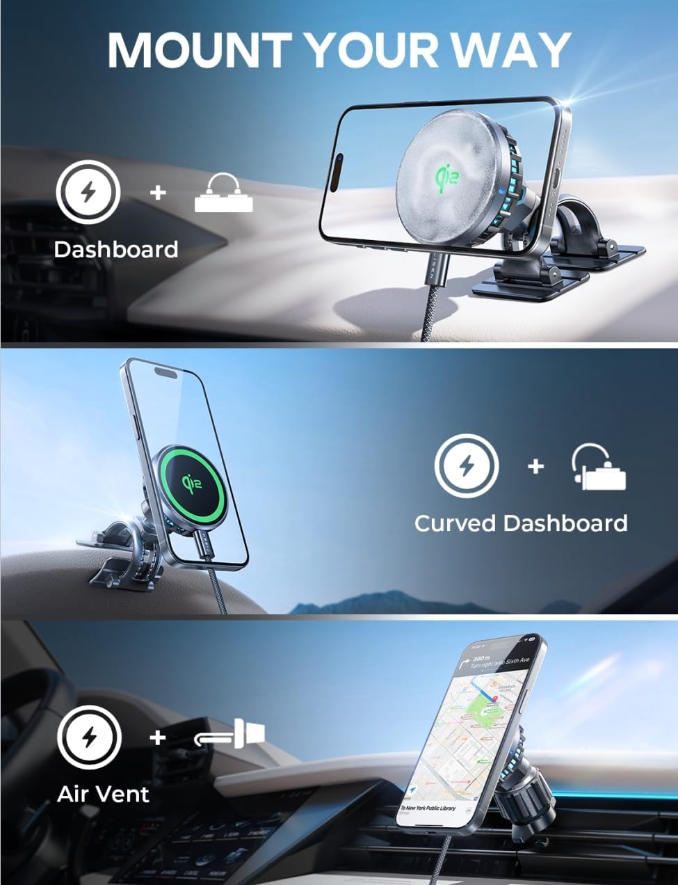 LISEN for Qi2 15W MagSafe Car Mount Charger, [Rapid Cooling Drop 17 ℉ in Minutes] Wireless Magnetic Car Mount for iPhone Car Charger, Includes Vent/Dashboard Phone Holder & Fast Car Charger USB C