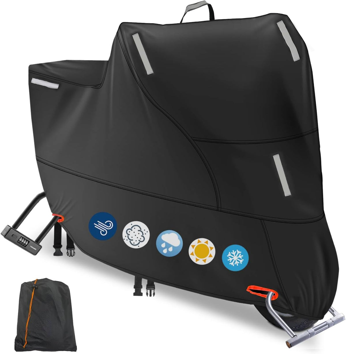 Waterproof Motorbike Cover Outdoor, Motorcycle Scooter Moped Rain Dust Cover with 5 Reflective Strips and 2 Windproof Buckles, 2 Lock-Holes for Cruisers Sportbikes (3XL: 104 x 35 x 49 inch)