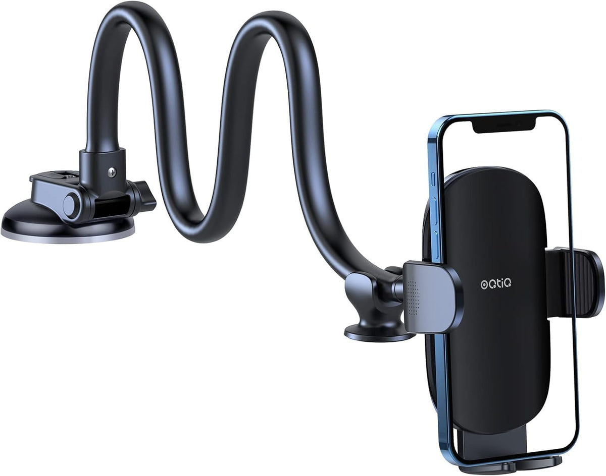 OQTIQ 13" Gooseneck Car Phone Mount – Windshield & Dashboard Holder with Strong Suction Cup, Anti-Shake Stabilizer, One-Button Release – Compatible with iPhone 16/15/14 and All Smartphones