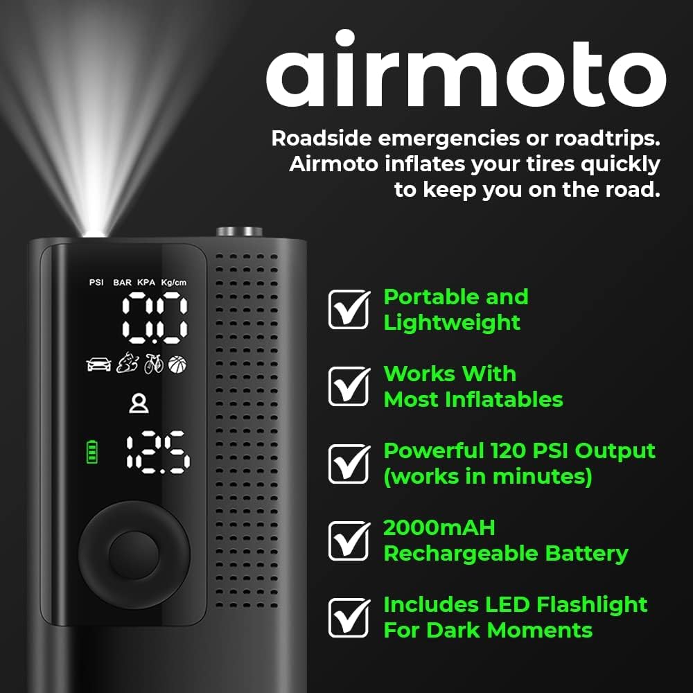 Airmoto Tire Inflator Portable Air Compressor - Air Pump For Car Tires with Digital Pressure Gauge, LED Light and Auto Shut-Off Function - Cordless Pump for Car, Motorcycle, Bicycle, Balls and More