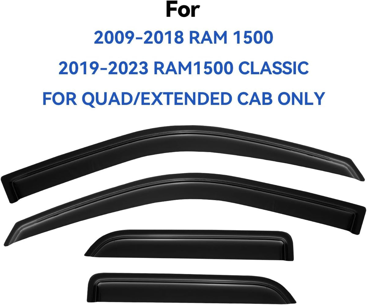 Window Visors Rain Guards for 2009-2018 Dodge Ram 1500 Quad Cab, Out-Channel Window Vent Wind Deflectors Visors Shades for 2019-2023 Ram 1500 Extended Cab Classic Model