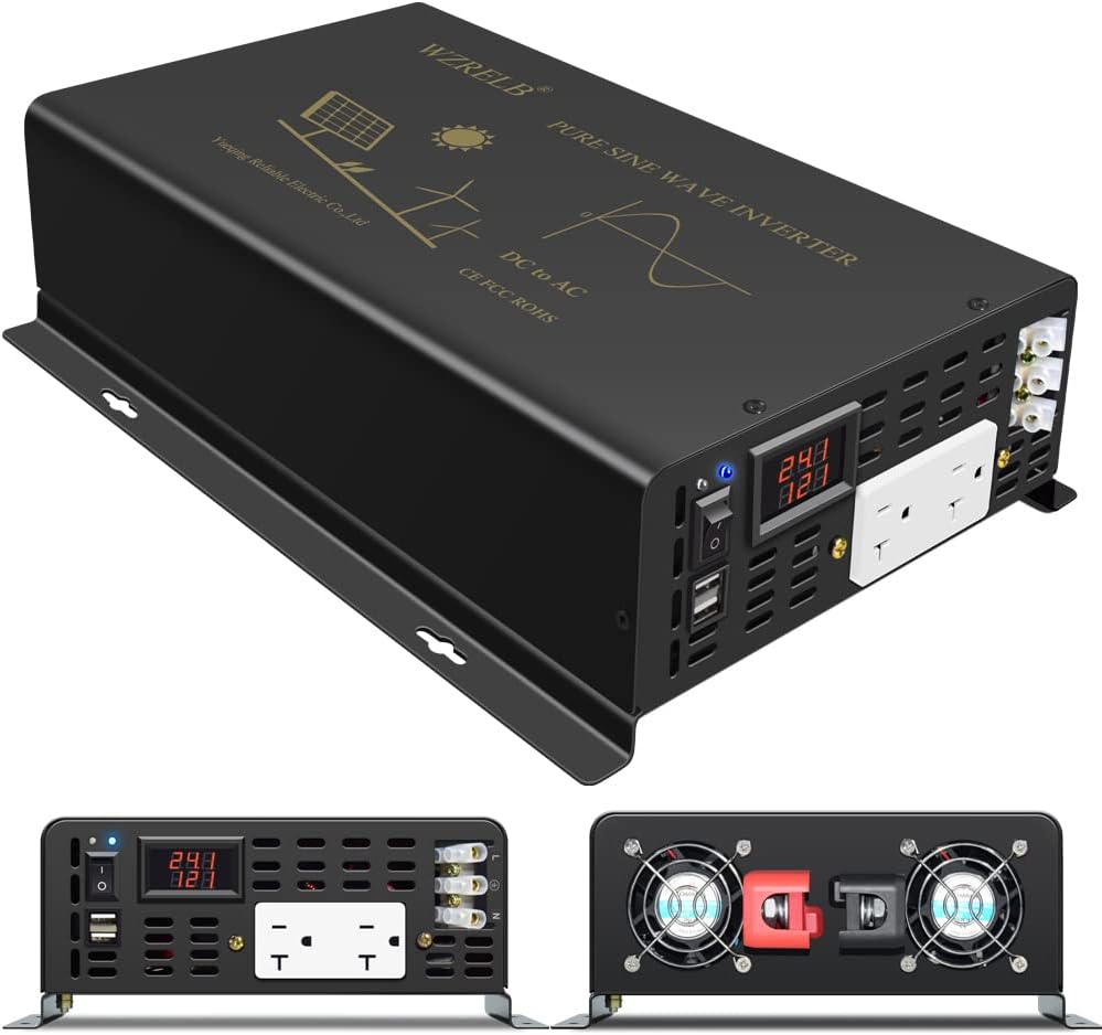WZRELB 2500W Pure Sine Wave Power Inverter 24VDC to 120VAC 60HZ Dual AC Outlets 2× 2.4A USB Port&Hardwire Terminal Off-Grid Solar Converter RV Trucks Home