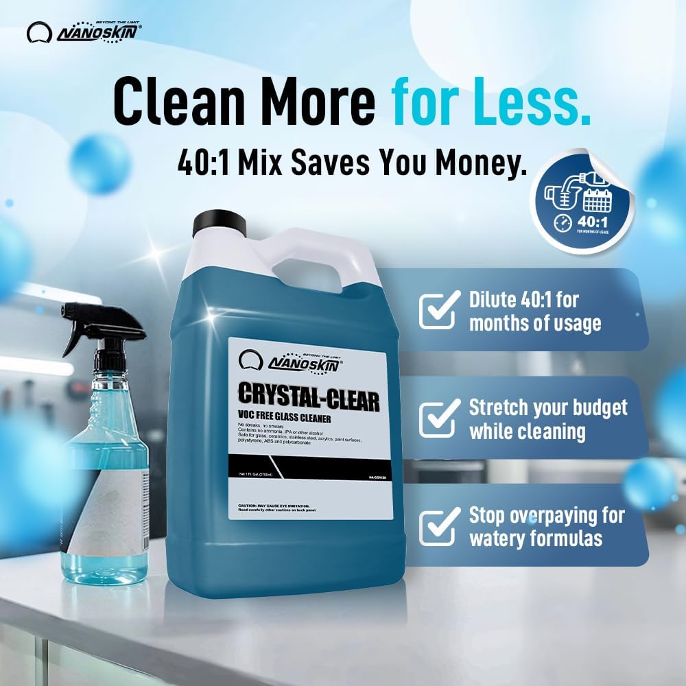Nanoskin CRYSTAL-CLEAR VOC-Free Glass Cleaner 5 Gallon - Ultra-Concentrated, Eco-Friendly, Streak-Free Finish | Versatile Use for 40:1 Dilution | Perfectly Safe for Auto, Home, Garage & Beyond