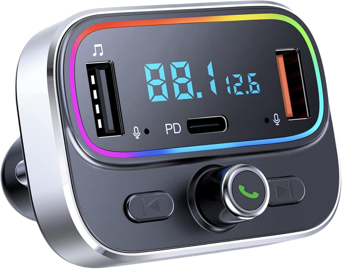 Bluetooth FM Transmitter for Car Wireless Radio Adapter Kit, Hands-Free Calling Dual Microphone, Fast Charging 18W & PD 20W for All Smartphones Audio Players, Supports TF/SD Card and USB Disk
