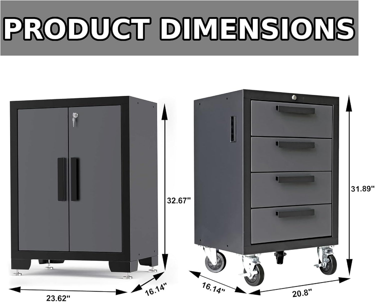 Torin Garage Cabinets Storage System, 9 Piece Included Steel Drawers Rolling Chest,Locked Storage Cabinet, Perfect for Organizing Garage and Tools, 129.92", Black/Grey