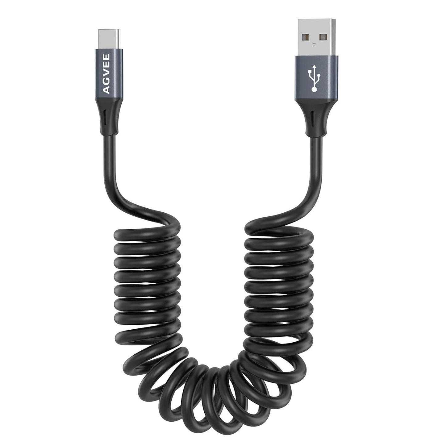 AGVEE 2 Pack 3ft Coiled Short USB to USB-C Charging Cable [USB-IF Certified] 3A Fast Charger Cord in Car for iPhone 16/15 CarPlay, Galaxy S25 S24 S23 S22 S21 S10 S9 S8, Google Pixel, Dark Gray