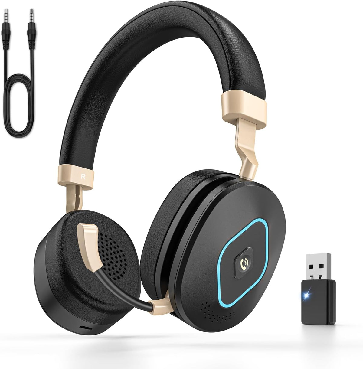 Wireless Headset with Mic for Work, Bluetooth Headphones with Microphone, Hybrid Mode Wireless/Wired, Dual AI Noise Cancellation, Retractable Boom Mic, USB Dongle & Mute for Home/Office/PC/Cell Phones