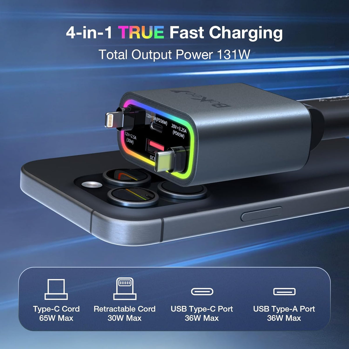 Retractable Car Charger 4 in 1, 131w Cigarette Lighter Adapter USB C, Type C Retractable Fast Charging Car Charger Adapter Multi Port for iPhone16/15/14/13/12/11, Samsung and More