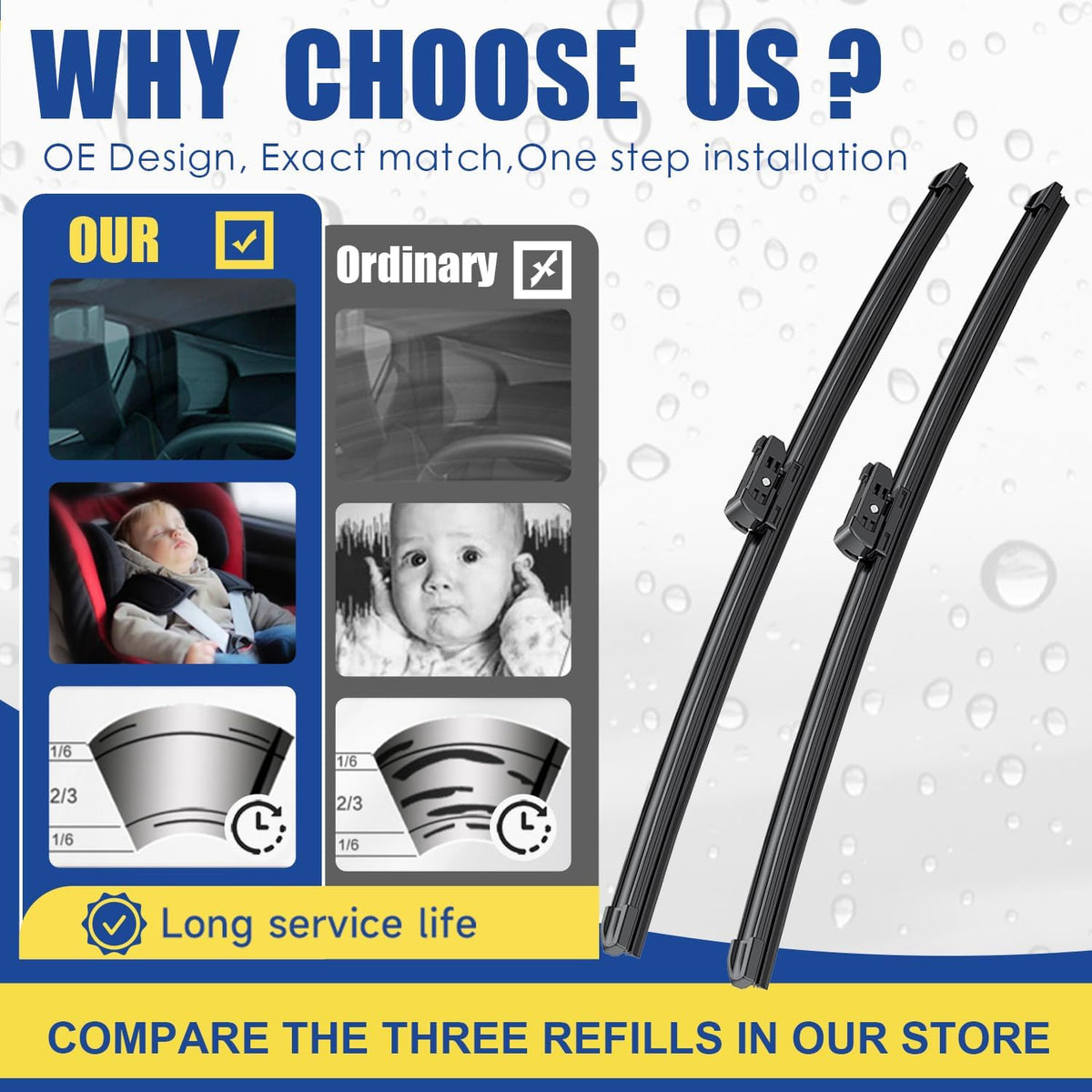 Wipers Factory Replacement For BMW 3-Series 2-Door E92 E93 328i 328i xDrive 328xi 335i 335i xDrive 335xi M3 Original Equipment Windshield Wiper Blades Set -24"+17.5" Side Lock (Set of 2)