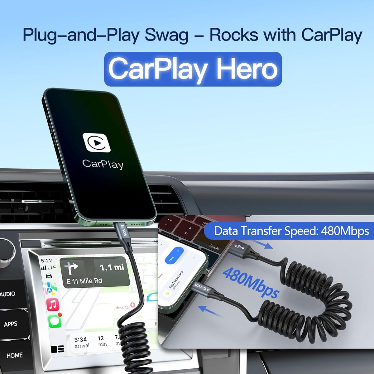 AGVEE 3ft Coiled Short USB to Lightning Charging Cable [MFI Certified] 3A Fast Charger Cord in Car for iPhone 14/13/12/11/XS/8/7/6/5 CarPlay, iPad, iPod, Dark Gray
