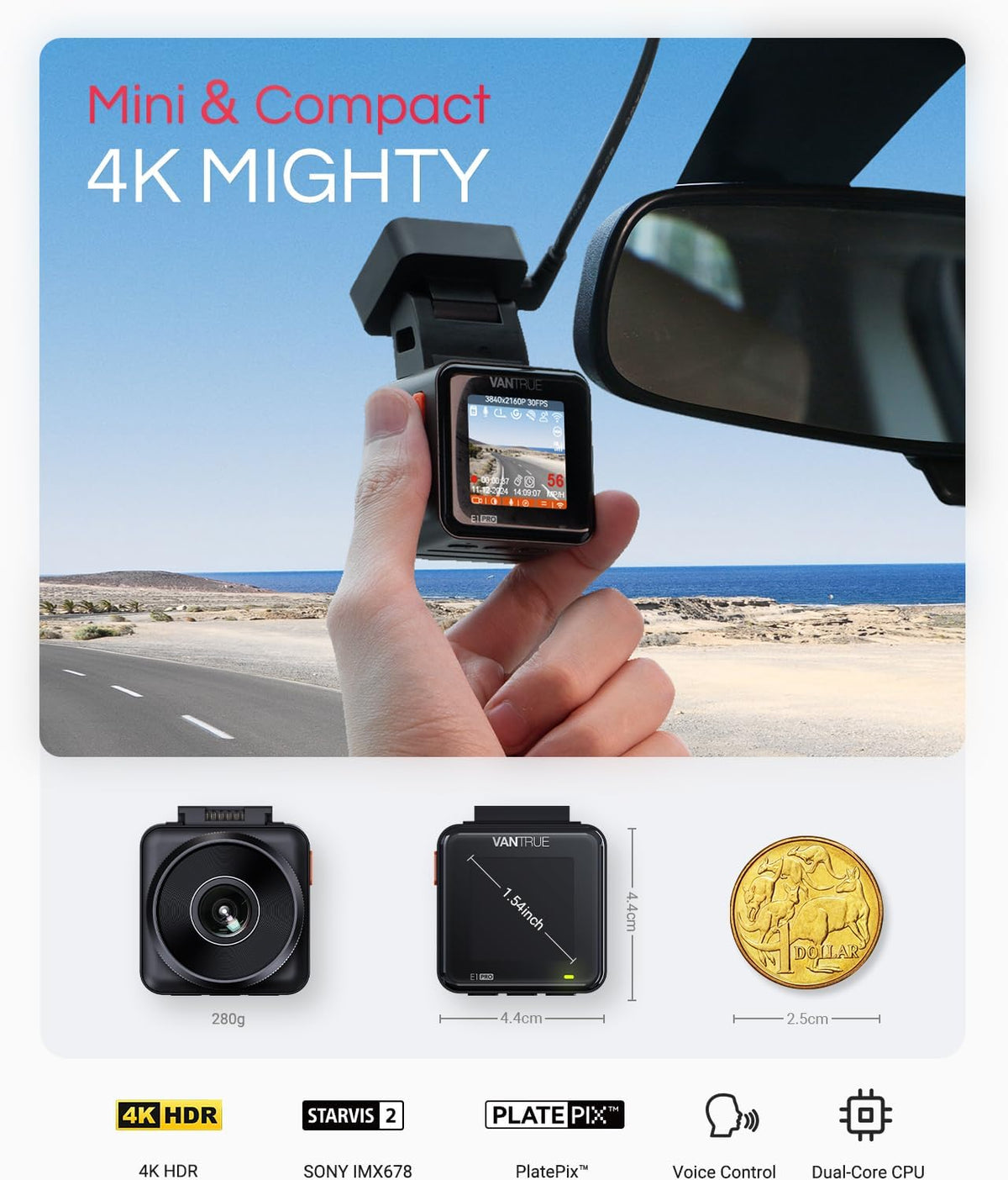 Vantrue E1 Pro 4K Mini Dash Cam Front, STARVIS 2 PlatePix HDR Night Vision Car Camera, Built-in 5G WiFi GPS, 1.54'' IPS Screen, LTE Support, Voice Control, 24/7 Buffered Parking Mode, Support 1TB Max