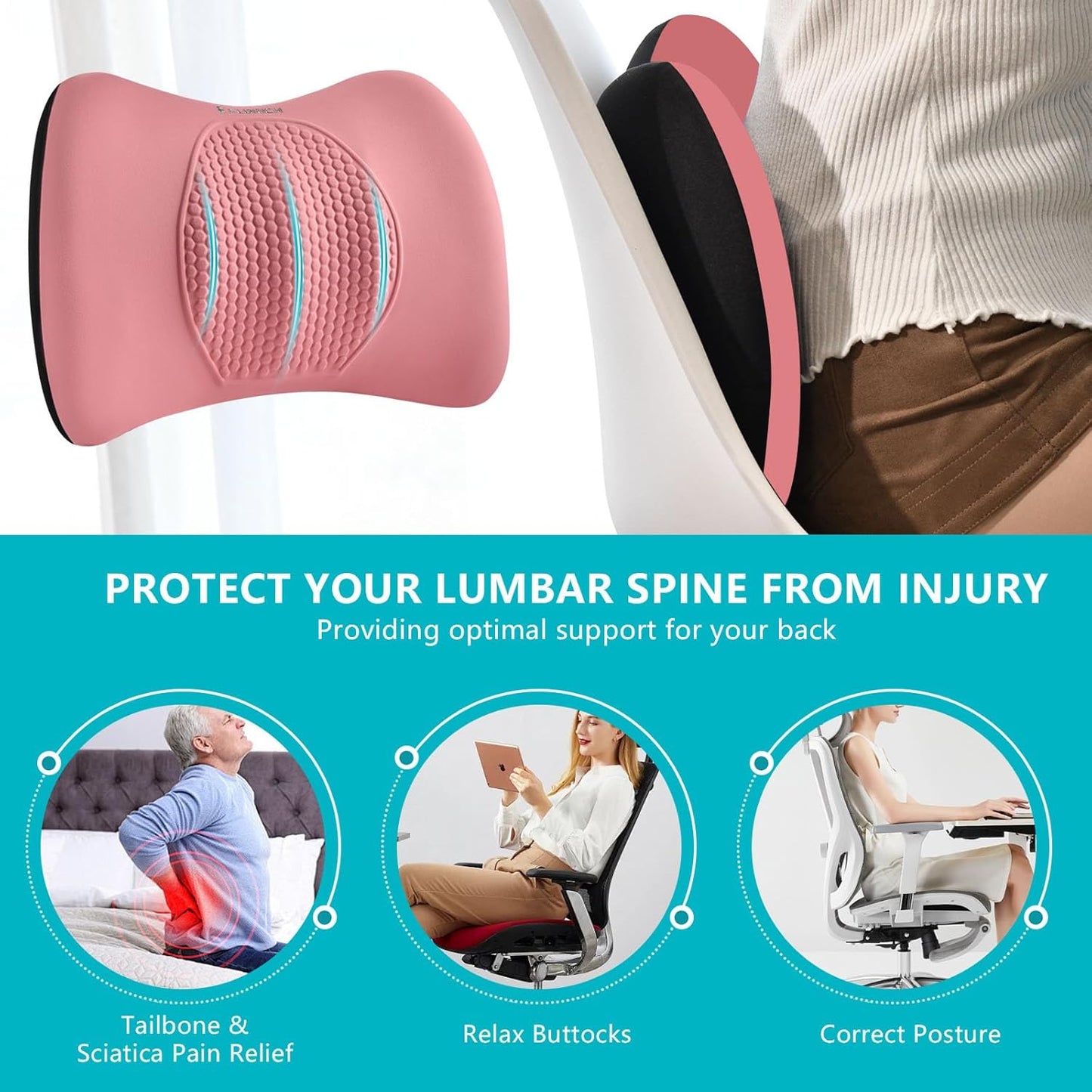 FLORICH Car Seat Cushion and Back Support for Office Chair Memory Foam Chair Cushions Pressure Relief Seat Pads with Gel Massage Point Lumbar Support(Pink)