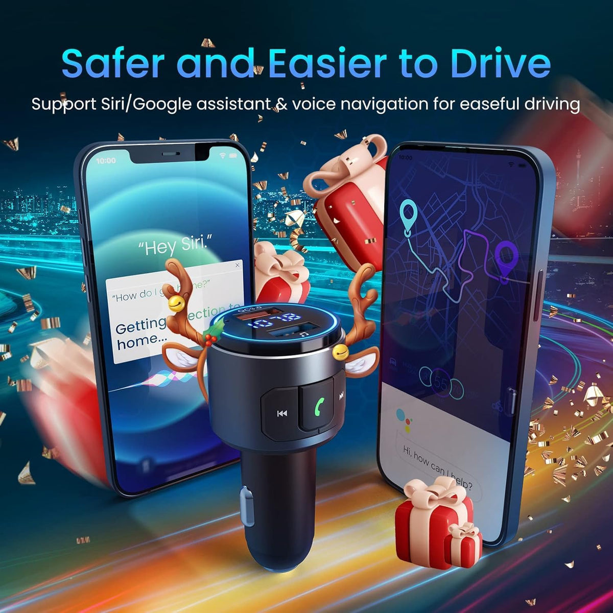 Upgraded V5.3 FM Bluetooth Transmitter, Bluetooth Car Adapter QC3.0 & LED Backlit Wireless FM Radio Adapter Music Player/Car Kit, Siri Google Assistant