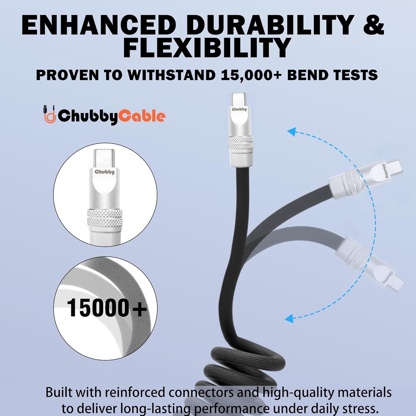 chubbycable Curly Chubby - Retractable Fast Charging Cable 240W Coiled Charger Cord for Car Durable USB-C Cable for Phones, Tablets and More, White, Type-C to Type-C, 1.3FT-2.3FT