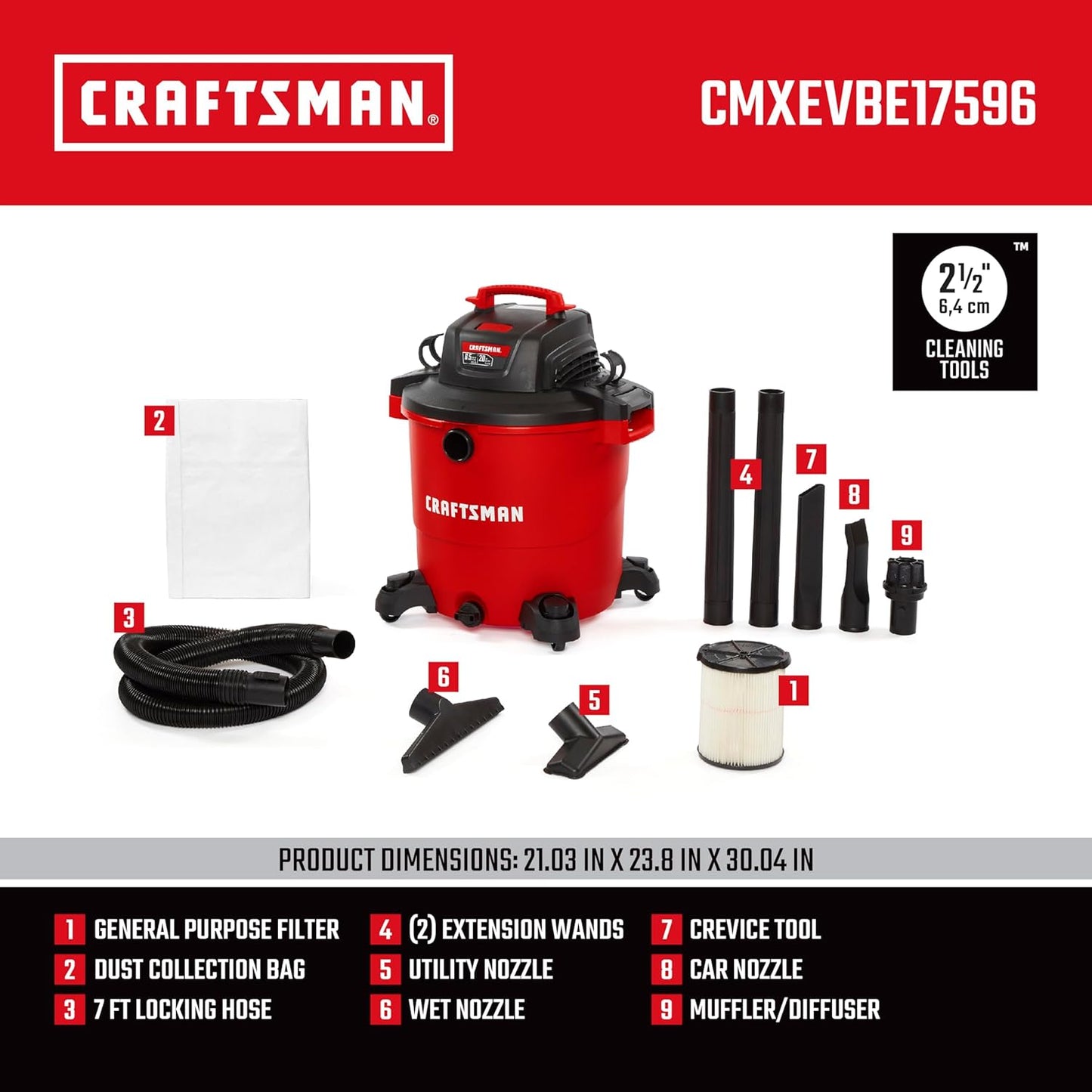 CRAFTSMAN CMXEVBE17596 20 Gallon 6.5 Peak HP Wet Dry Vac, Heavy-Duty Shop Vacuum Wet and Dry with Filter, Dust Bag, Hose and Attachments for Shop, Garage, Jobsite Cleaning