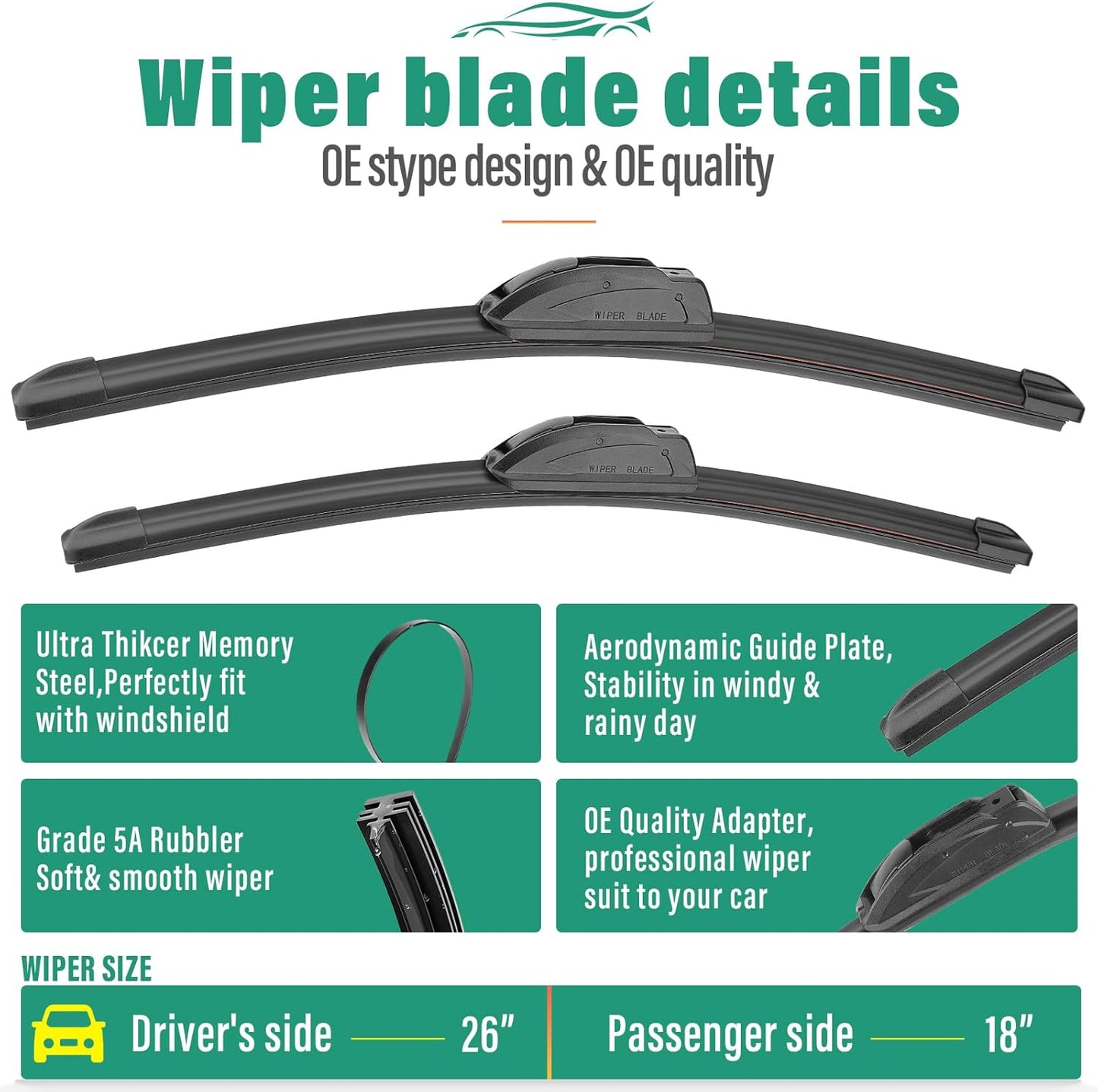 26" 18" 13" Windshield Wiper Blades Replacement for Kia Telluride 2020 2021 2022 2023 2024 2025 Premium All Weather Front Rear Wipers Set - OEM Quality (Pack of 3)