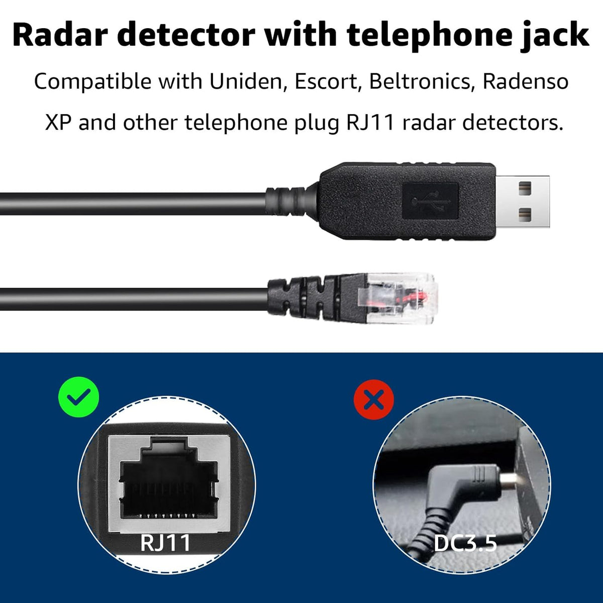 3.3Ft Radar Detector Cable - USB to RJ11 Plug Cable for Escort Radenso XP Uniden Beltronics Cobra Whistler - Premium Replacement Power Cord for Radar Detectors - Durable USB to RJ11 Connection