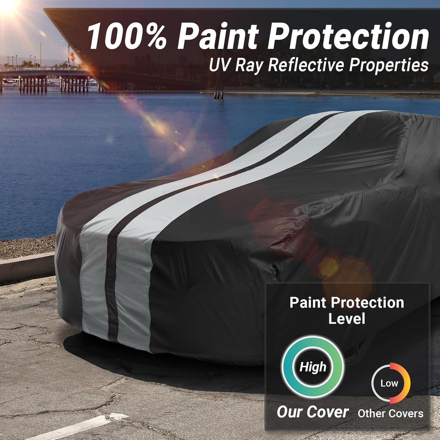iCarCover Custom Car Cover for Pontiac Tempest 4-Door (1964-1967) Waterproof All-Weather Rain Snow UV Sun Protector Full Exterior Indoor Outdoor Car Cover (Stripe - Black/Gray)