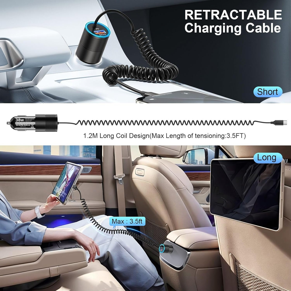 Car Charger USB C,38W Super Fast Car Adapter with PD 3.0 Bulit in 3.5FT USB C Coiled Cable,Car Phone Charger Fast Charging Compatible with iPhone 16/15 Pro Max,Galaxy S25/S24/S23 Note 20/10,Pixel