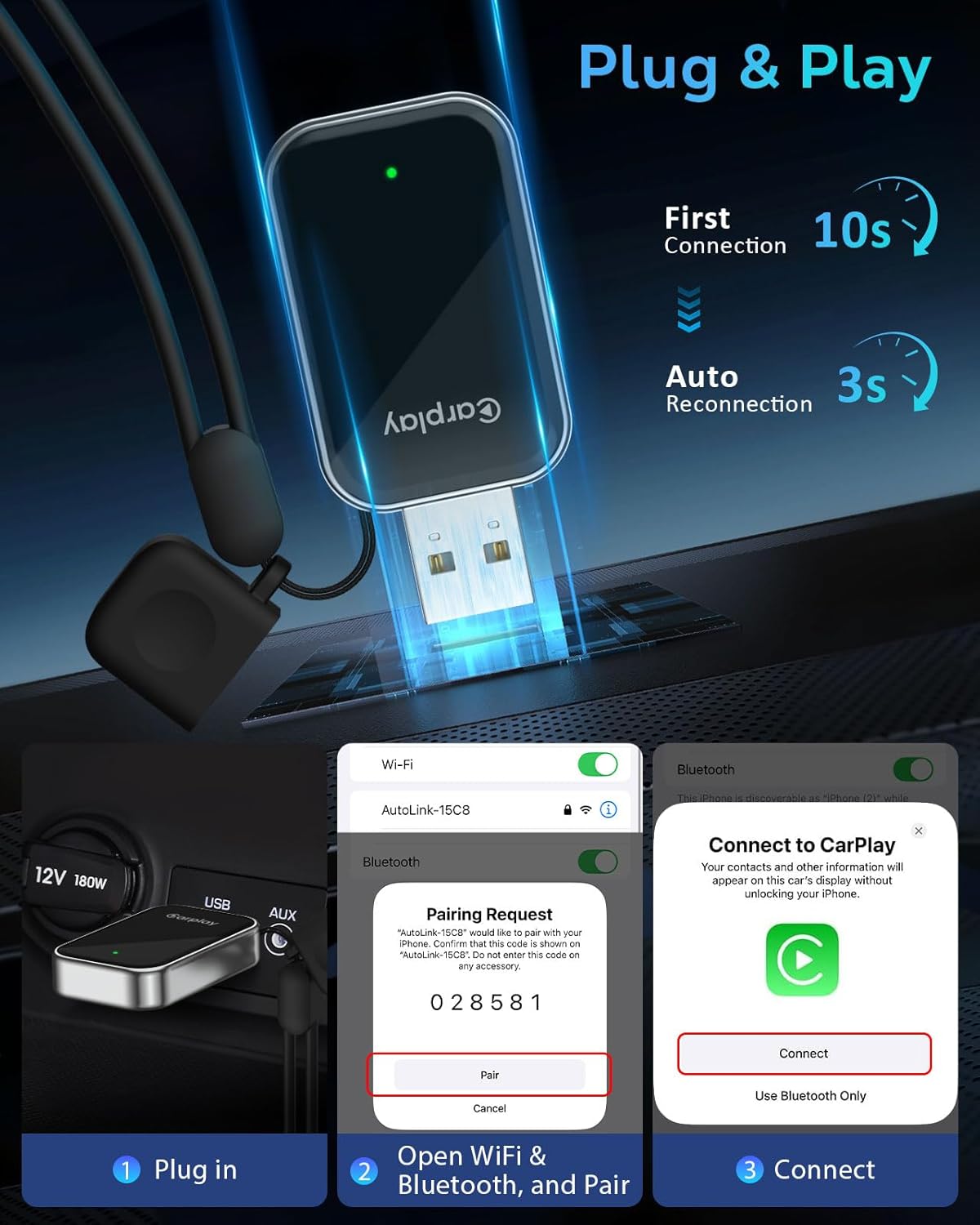 Wireless CarPlay Adapter for Apple iPhone - 2025 Wired Car Play to Wireless Dongle, USB-A/C Plug & Play, Stable Bluetooth CarPlay Adapter Only for iPhone iOS 10+ & Cars with Factory Wired Car Play