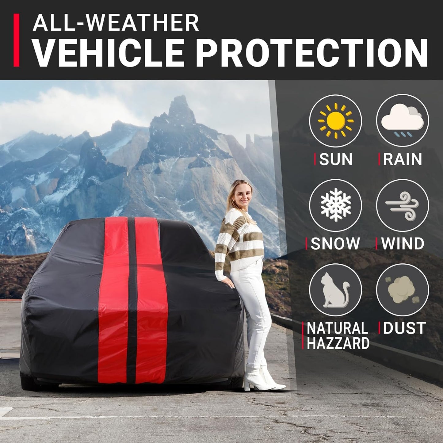 iCarCover Custom Car Cover for Pontiac Firebird (1967-1981) Waterproof All-Weather Rain Snow UV Sun Protector Full Exterior Indoor Outdoor Car Cover (Stripe - Black/Red)