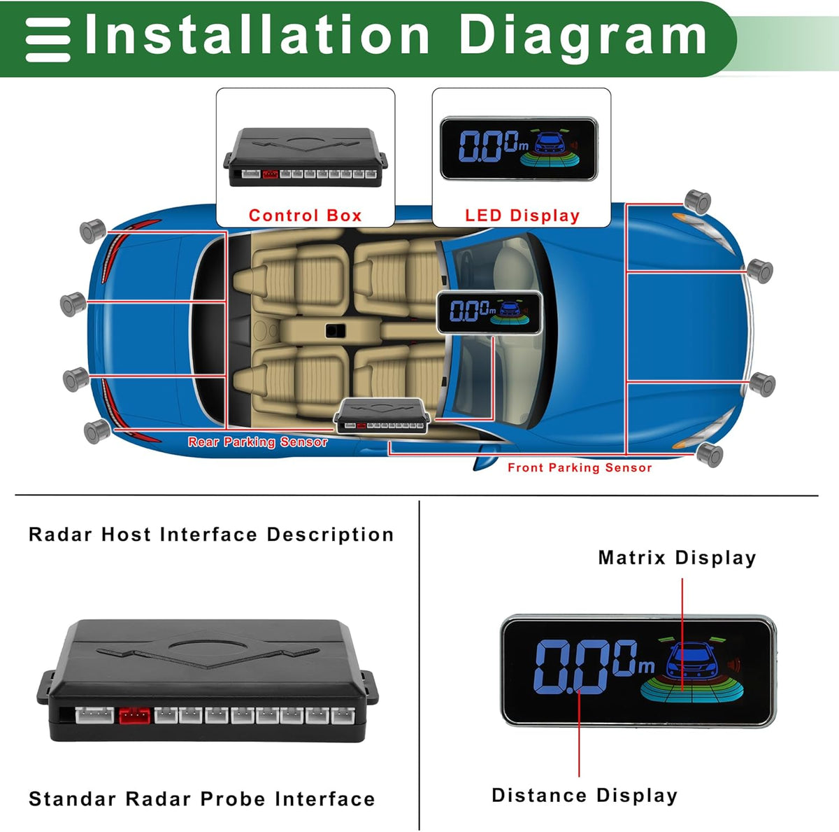 Motoforti Car Auto Vehicle Reverse Backup Radar System Reverse Parking Sensors Sound Warning Alarm Buzzer Reminder Distance Detection Gray 8 Parking Sensors