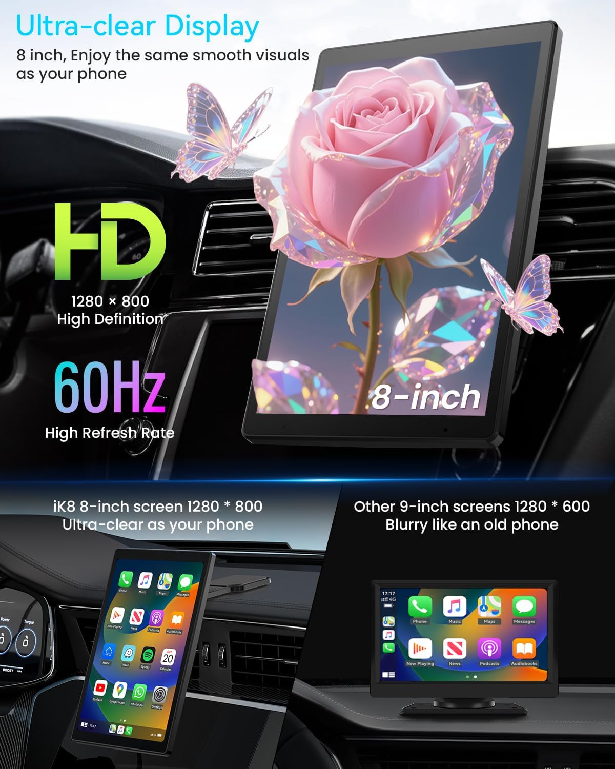 8” Wireless Apple CarPlay Screen for Car with Android Auto & 1080P Backup Camera, Rotatable Touchscreen Car Stereo, Vertical & Horizontal Mode, Bluetooth, GPS Navigation, Mirror Link