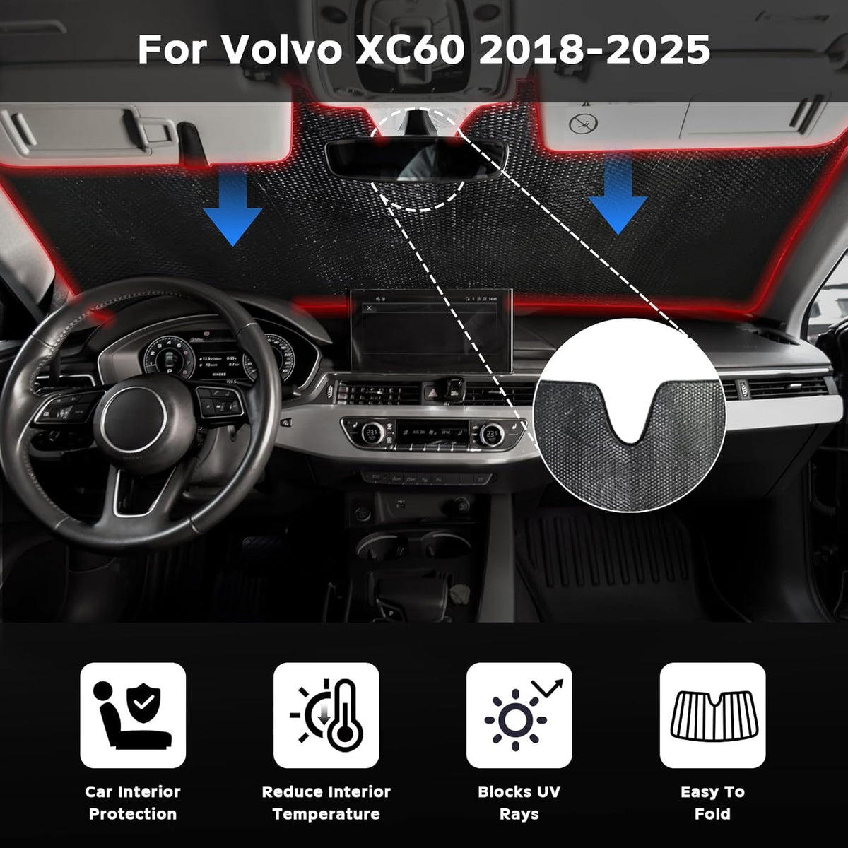 Windshield Sun Shade for Volvo XC60 2018-2025 - 5-Layer Bubble Foldable Front Window Shade Sun Visor Accessories - Blocks Heat & UV Rays