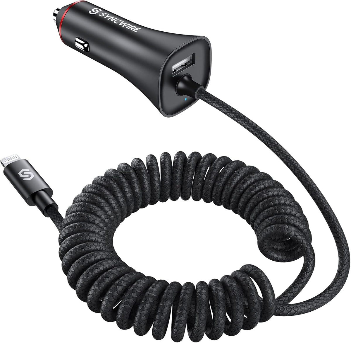 [Apple MFi Certified] Syncwire iPhone Car Charger 32W Super Fast Car Phone Charger Cigarette Lighter USB Car Adapter with Build-in 5FT Coiled Lightning Cable for Apple iPhone 14/13/12/11/XR/Max, iPad