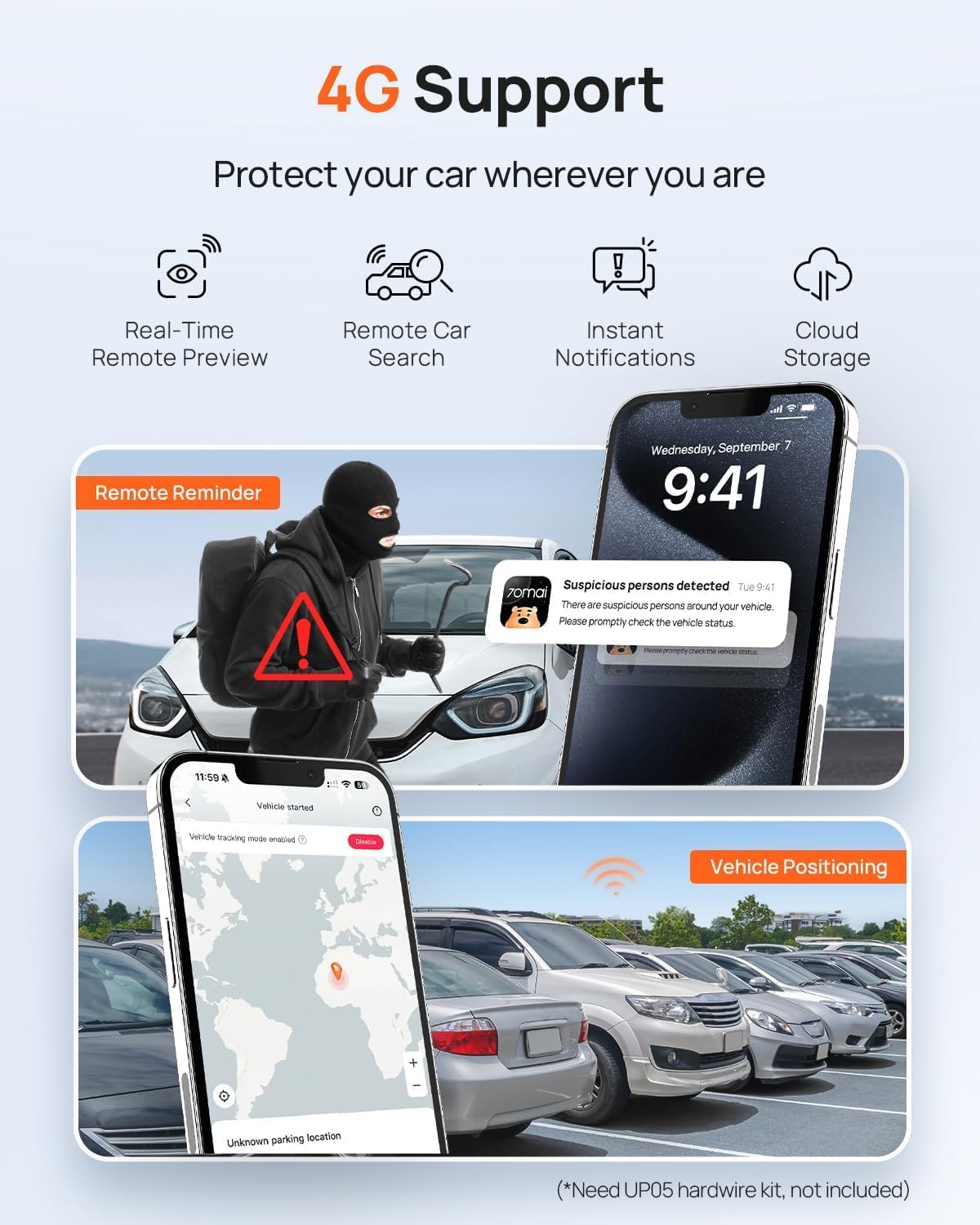 70mai A810 4K Dash Cam Front and Rear, Dual Dash Camera for Cars with Starvis 2 HDR Night Vision, 4G LTE Support, ADAS, Built in GPS & WiFi, 24/7 Parking Mode, AI Motion Detection, Time-Lapse