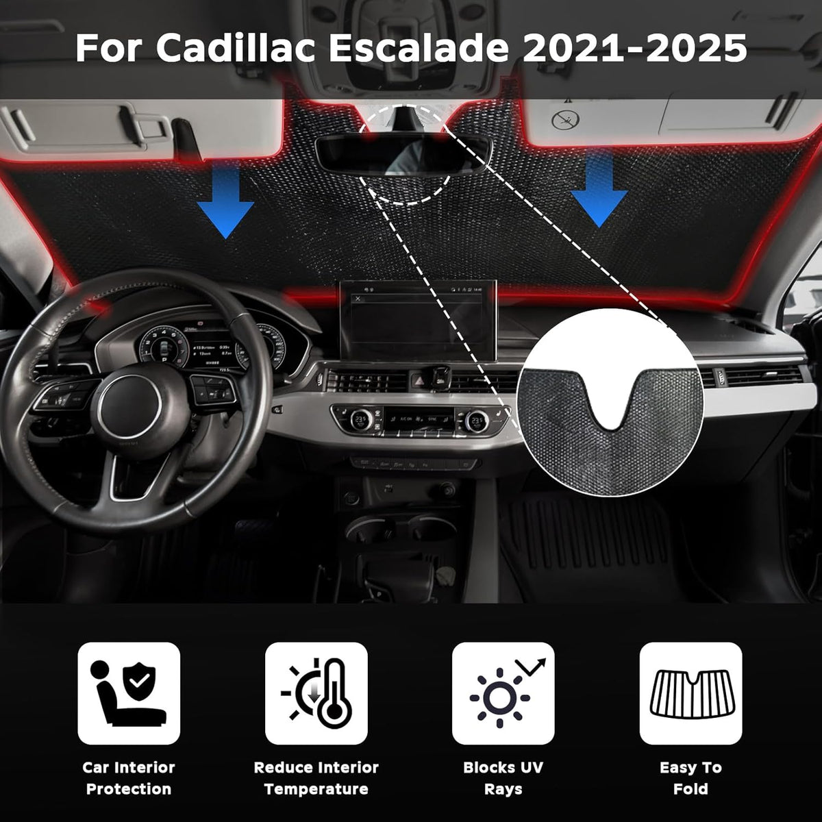 Windshield Sun Shade for Cadillac Escalade 2021-2025 - 5-Layer Bubble Foldable Front Window Shade Sun Visor Accessories - Blocks Heat & UV Rays