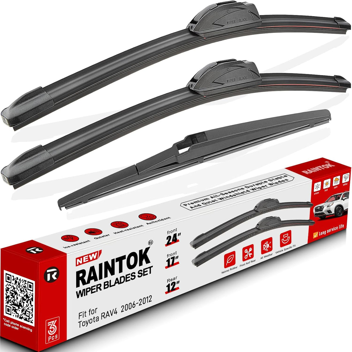 Windshield Wiper Blade Set Replacement for Toyota Rav4 2006-2012 Original Equipment Replacement Front Wiper Blades-24"/17"/12" (Set of 3) U/J Hook