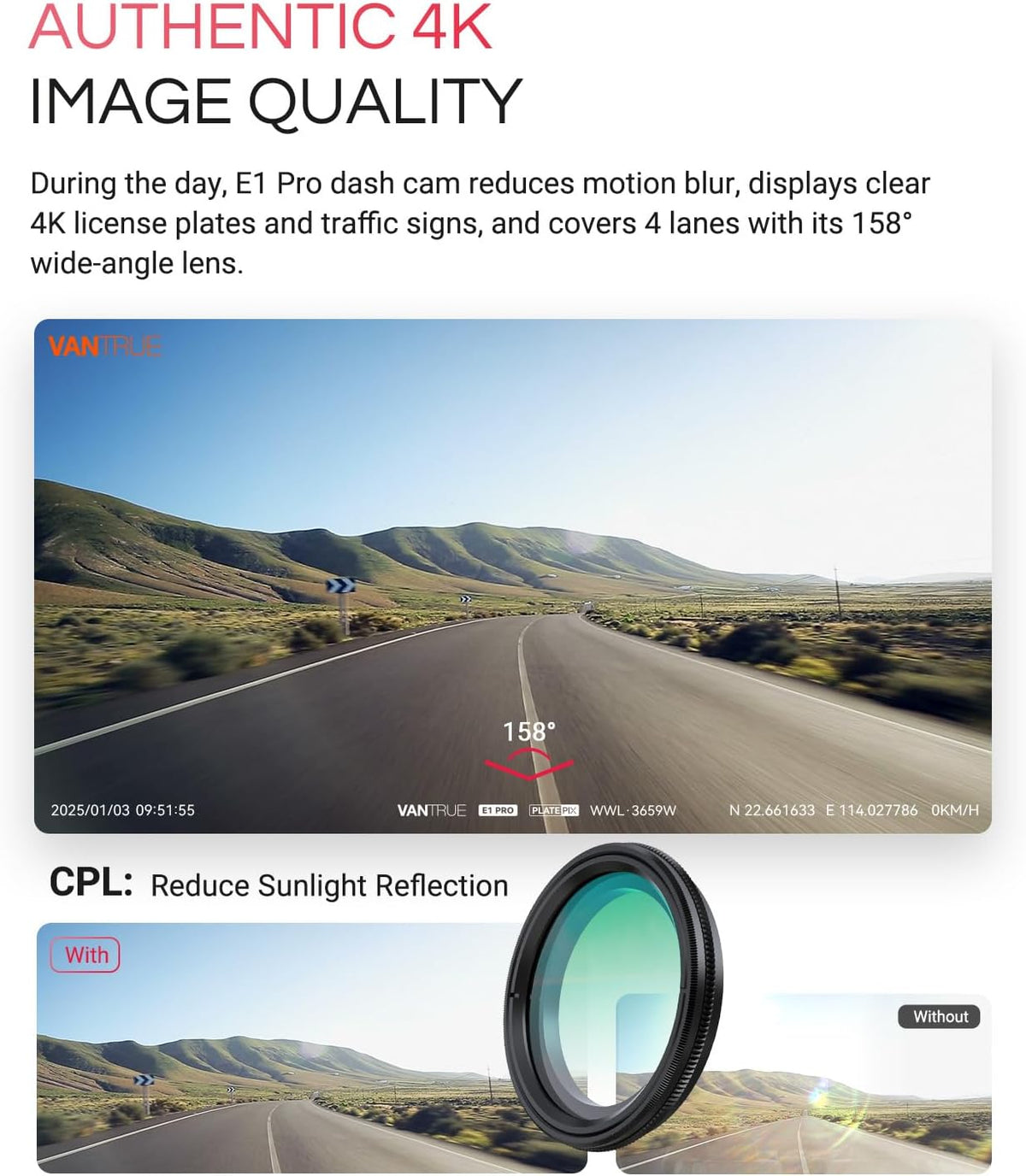 Vantrue E1 Pro 4K Mini Dash Cam Front, STARVIS 2 PlatePix HDR Night Vision Car Camera, Built-in 5G WiFi GPS, 1.54'' IPS Screen, LTE Support, Voice Control, 24/7 Buffered Parking Mode, Support 1TB Max