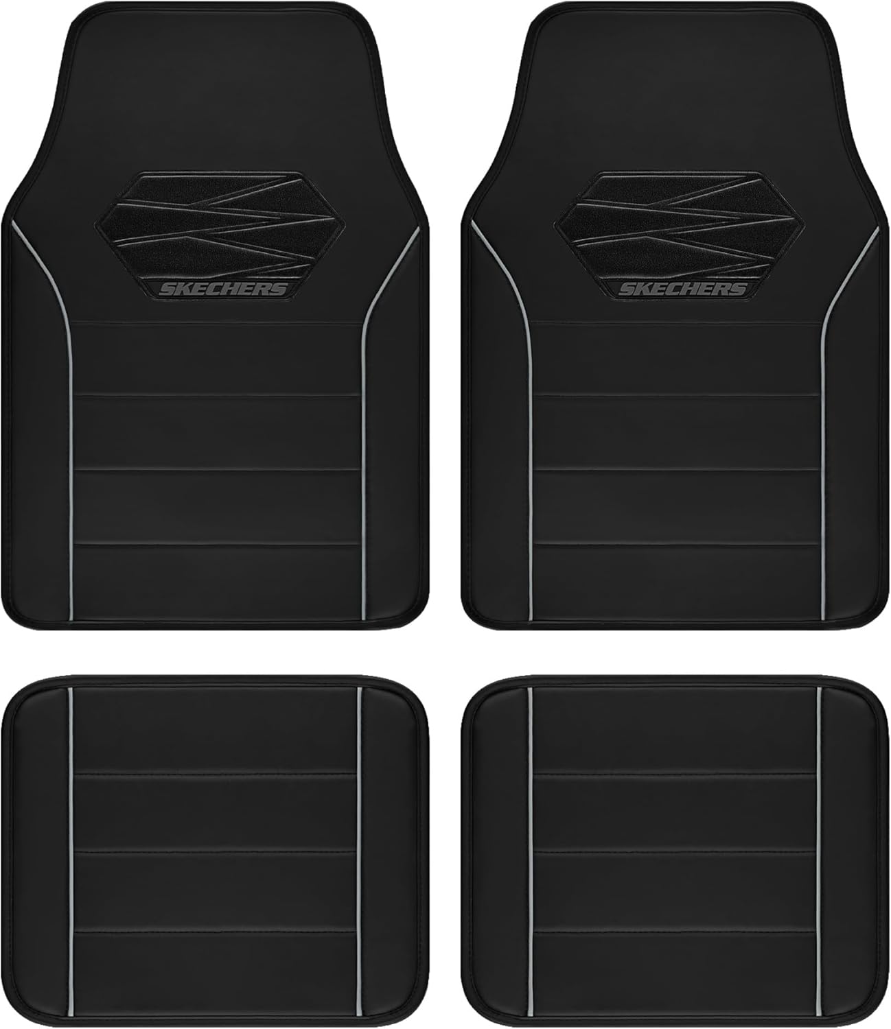 Skechers Memory Foam Car Mats,Leather Piping Floor Mats with Anti-Slip Pad,Universal Waterproof Fit Automotive Floor Mats for SUV,Vans,sedans,Trucks,Full Set 4pcs Grey
