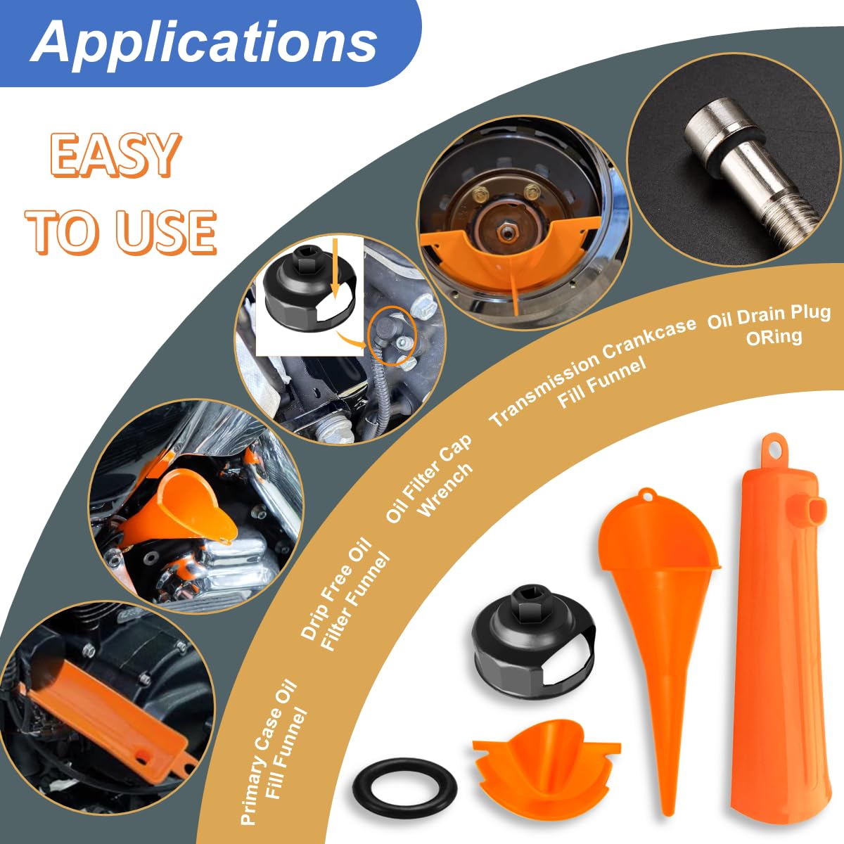 Oil Change Kit for Harley Tool, Oil Filter Wrench, Oil Funnels Set, Motorcycle Primary Case Oil Funnel, 50PCS 11105 Drain Plug O-Ring for Harley Davidson Accessories