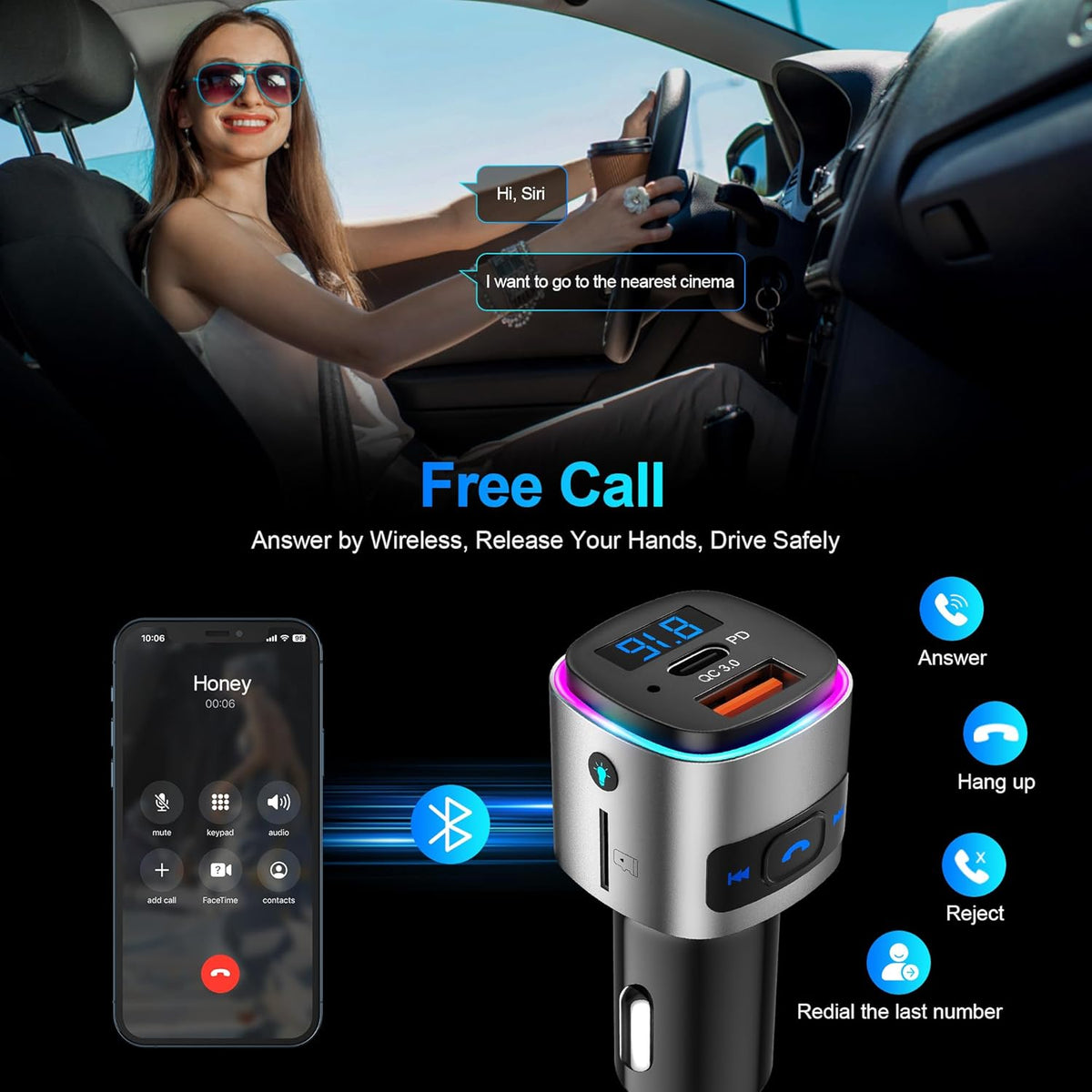 (Upgraded Version) FM Transmitter Bluetooth, SONRU Bluetooth Car Adapter [PD 30W & QC3.0 18W], Wireless FM Radio Transmitter, Hands-Free Calling, Siri Google Assistant, TF Card