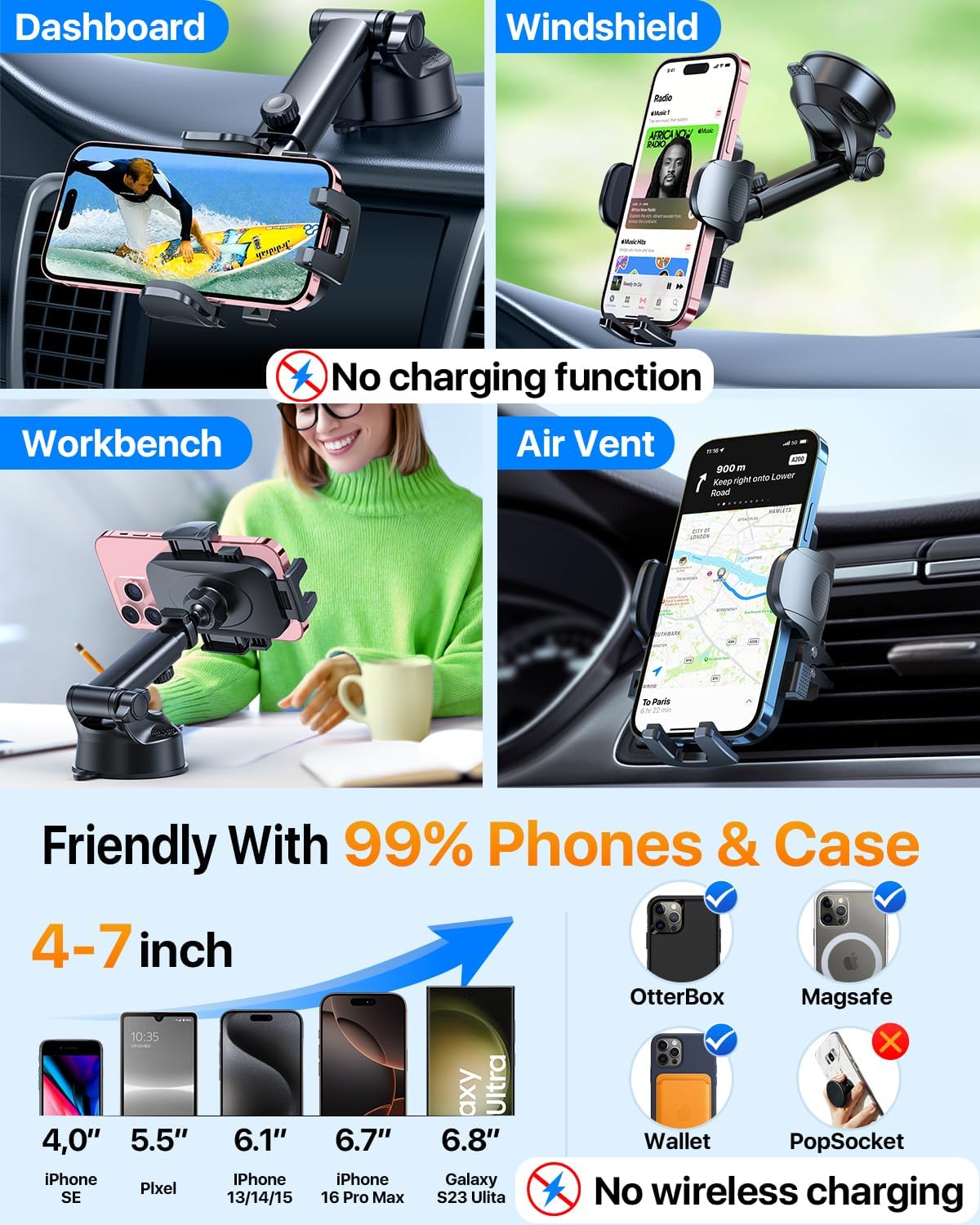 HTU [True Military-Grade] 2025 Upgraded Car Phone Holder 【Safety Certs & No Smell】 Cell Phone Holder for Car Mount for Dashboard Windshield Air Vent Long Arm Thick Case,Red