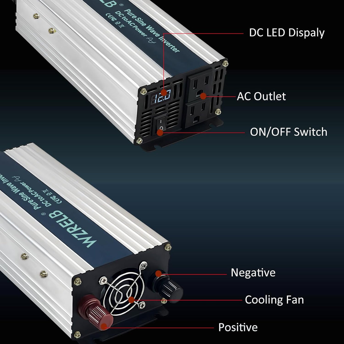 WZRELB 800W Pure Sine Wave Inverter 24V DC to 110V 120V AC Power Converter with LED Display, Off-Grid Portable Power Inverter with 2 AC Outlets for Home, RV, Truck, Camping