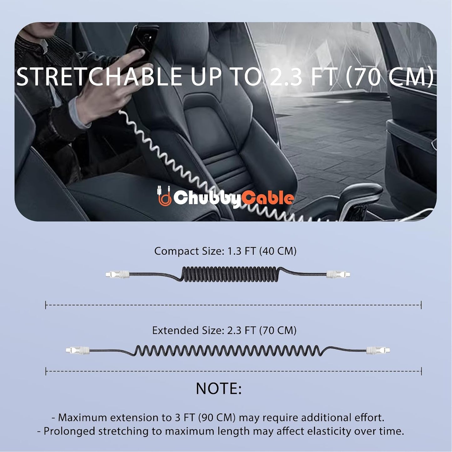 chubbycable Curly Chubby - Retractable Fast Charging Cable 240W Coiled Charger Cord for Car Durable USB-C Cable for Phones, Tablets and More, Green, USB-A to Type-C, 1.3FT-2.3FT