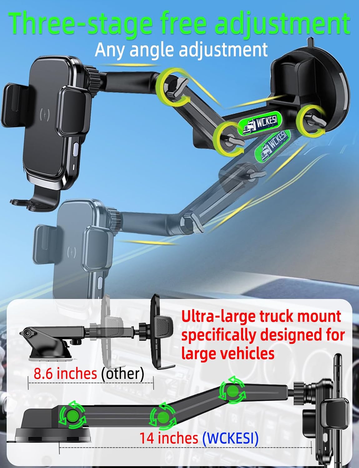 Truck Phone Holder Mount Wireless Charger Heavy Duty for Car 15W Smart Fast Charging 14 inch Long Arm Pickup Truck Windshield and Dashboard,Truck Accessories,for iPhone Samsung LG