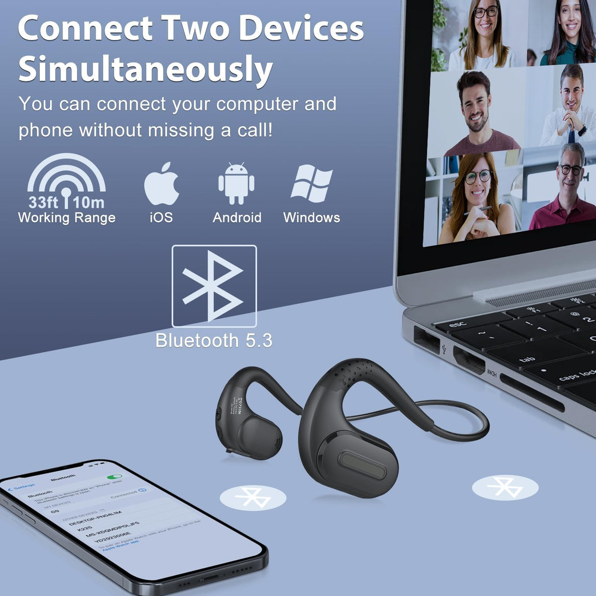 Trucker Bluetooth Headset, Open Ear Headphones with Detachable Noise Cancelling Mic, Wireless V5.3 Computer Headset with Boom Mic for Skype Zoom Face Time