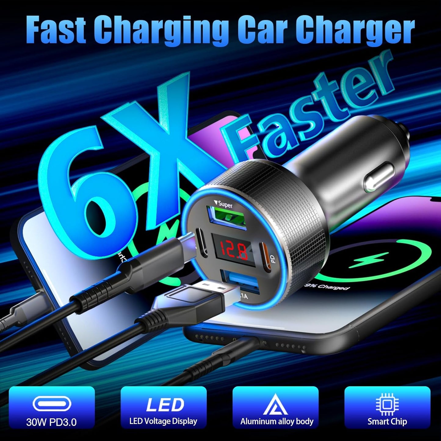 USB C Car Charger, 78W 4 Port Car Phone Charger Adapter Fast Charging, Dual USB C Car USB Adapter for iPhone 16 15 14 13 12, iPad, Samsung Glaxy, Android (Black 2Pcs)